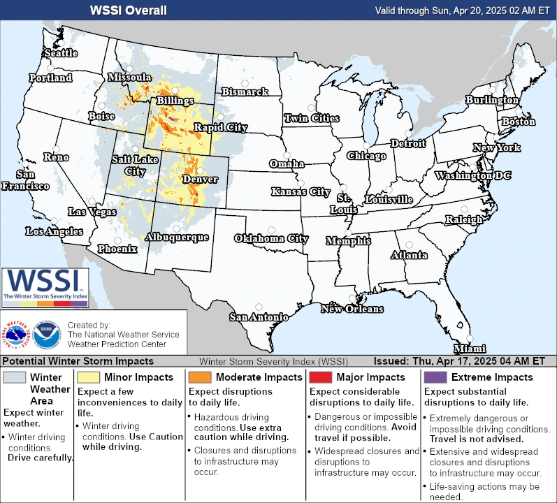 Winter storm Severity index map for the late season winter storm.