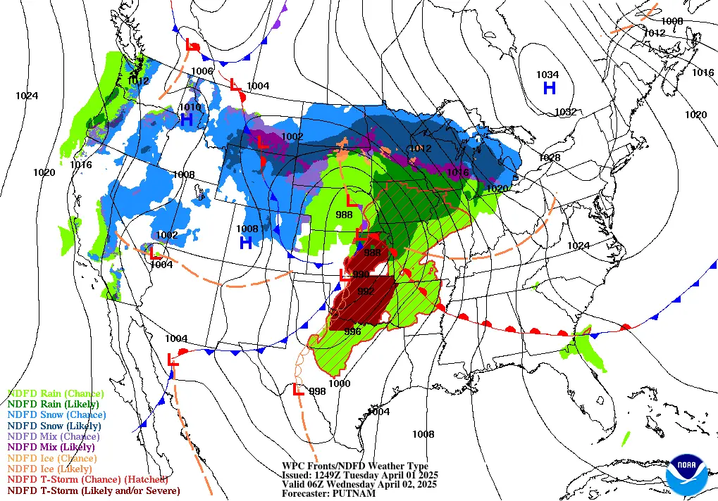 Weather system forecast across U.S. for Wednesday, April 2, 2025 