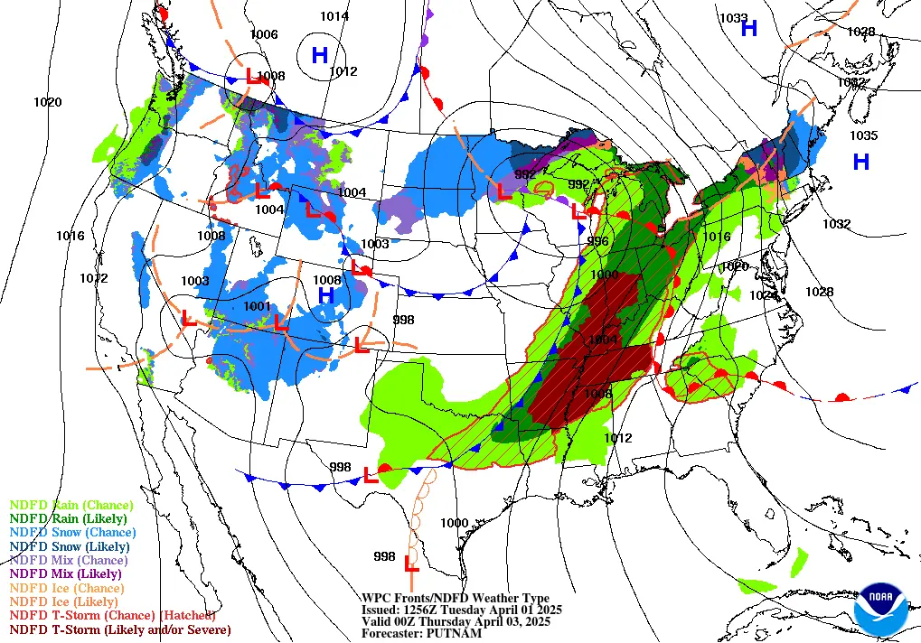 Weather fronts forecast for U.S. on Thursday, April 3 (1)