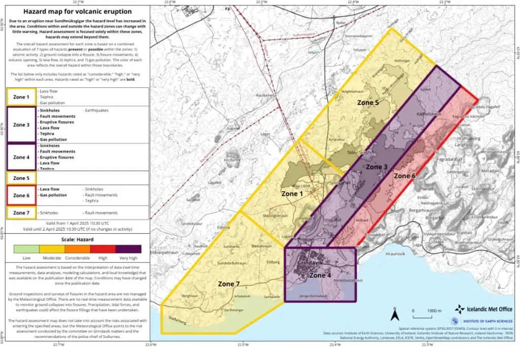 hazard map for volcanic eruption near grindavik april 1 2025 iceland