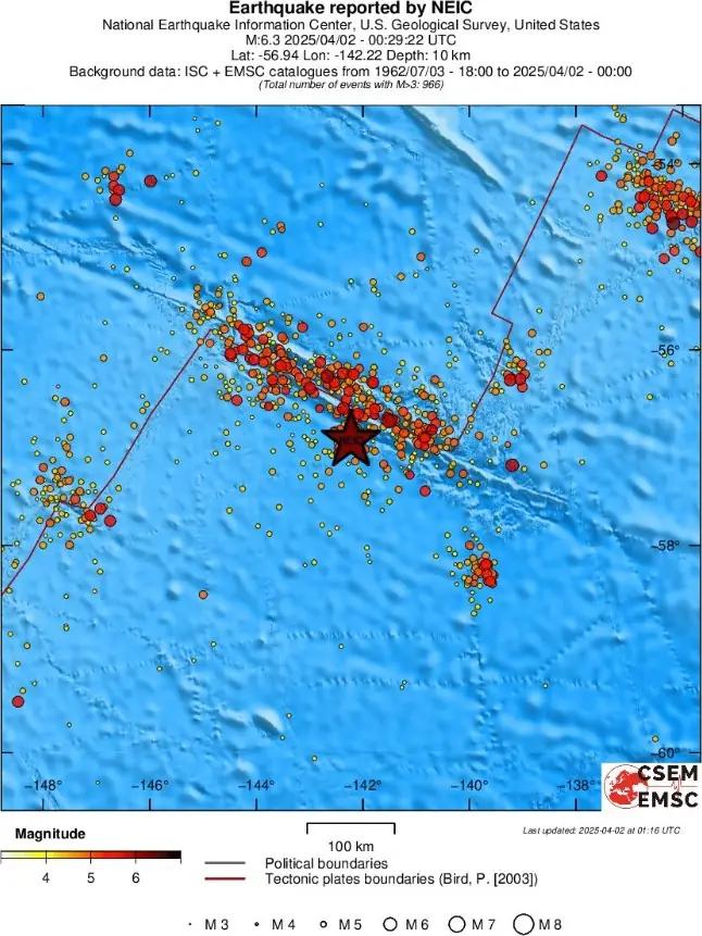 m6.3 earthquake pacific-antarctic ridge april 2 2025 emsc regional seismicity