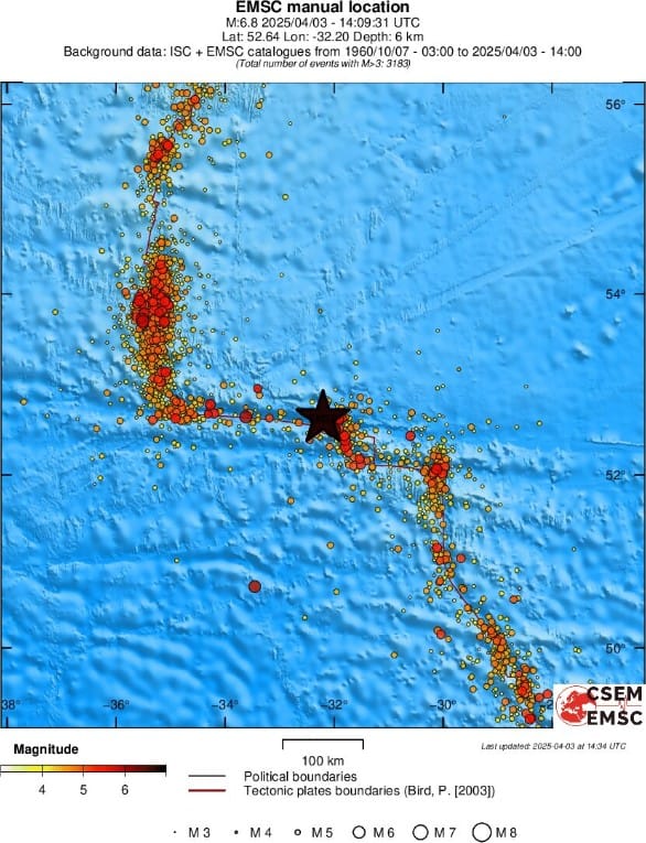 m6.8 earthquake reykjanes ridge april 3 2025 emsc regional seismicity