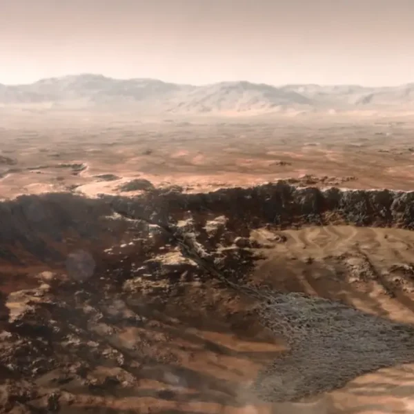 Artist's depiction of water rushing into Mars' Jezero Crater, which billions of years ago was the site of a delta. Image credit: NASA/JPL-Caltech
