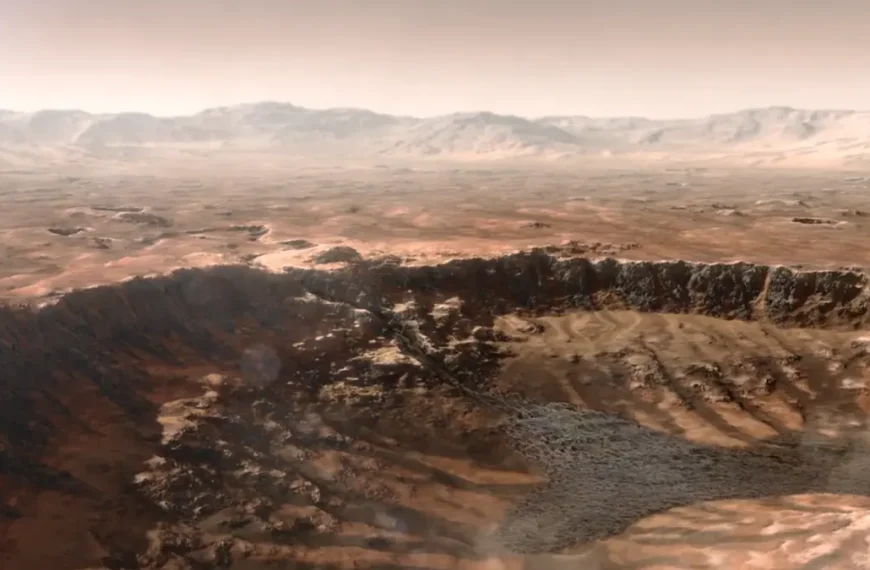 Artist's depiction of water rushing into Mars' Jezero Crater, which billions of years ago was the site of a delta. Image credit: NASA/JPL-Caltech
