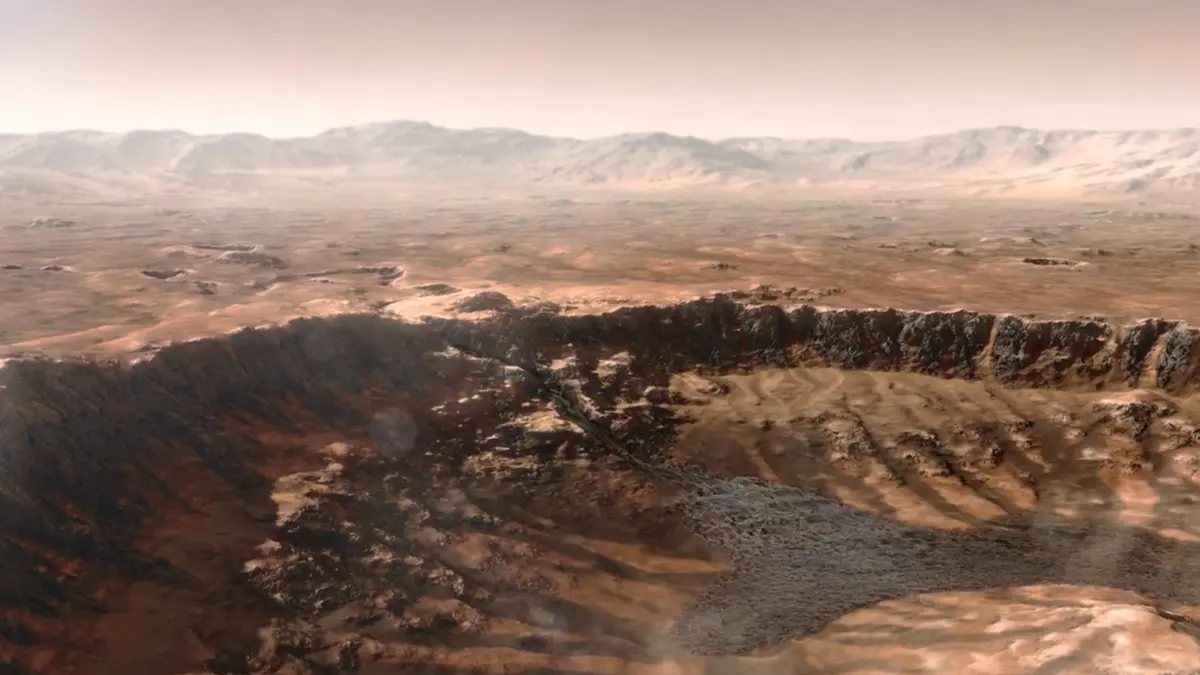 Artist's depiction of water rushing into Mars' Jezero Crater, which billions of years ago was the site of a delta. Image credit: NASA/JPL-Caltech