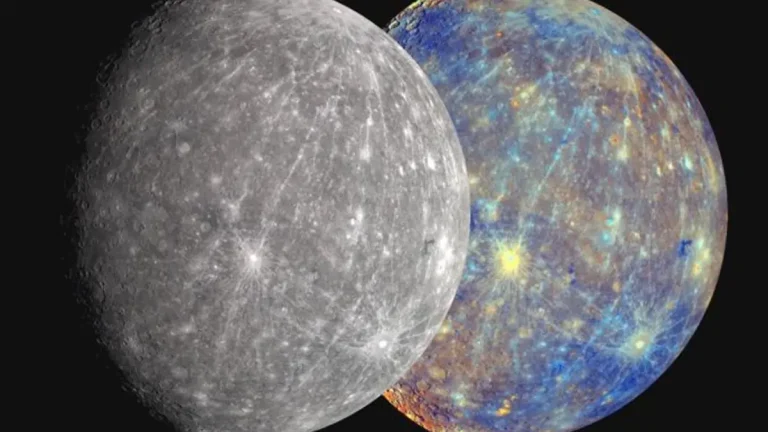 NASA’s MESSENGER spacecraft captured Mercury’s subtle true colors (left) and enhanced mineral contrasts (right) using specialized filters