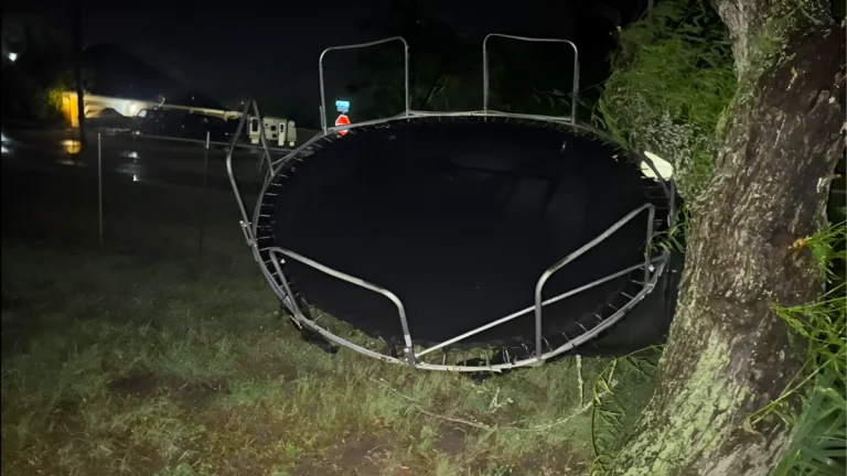 A trampoline blown away by storms in Texas on May 8, 2025
