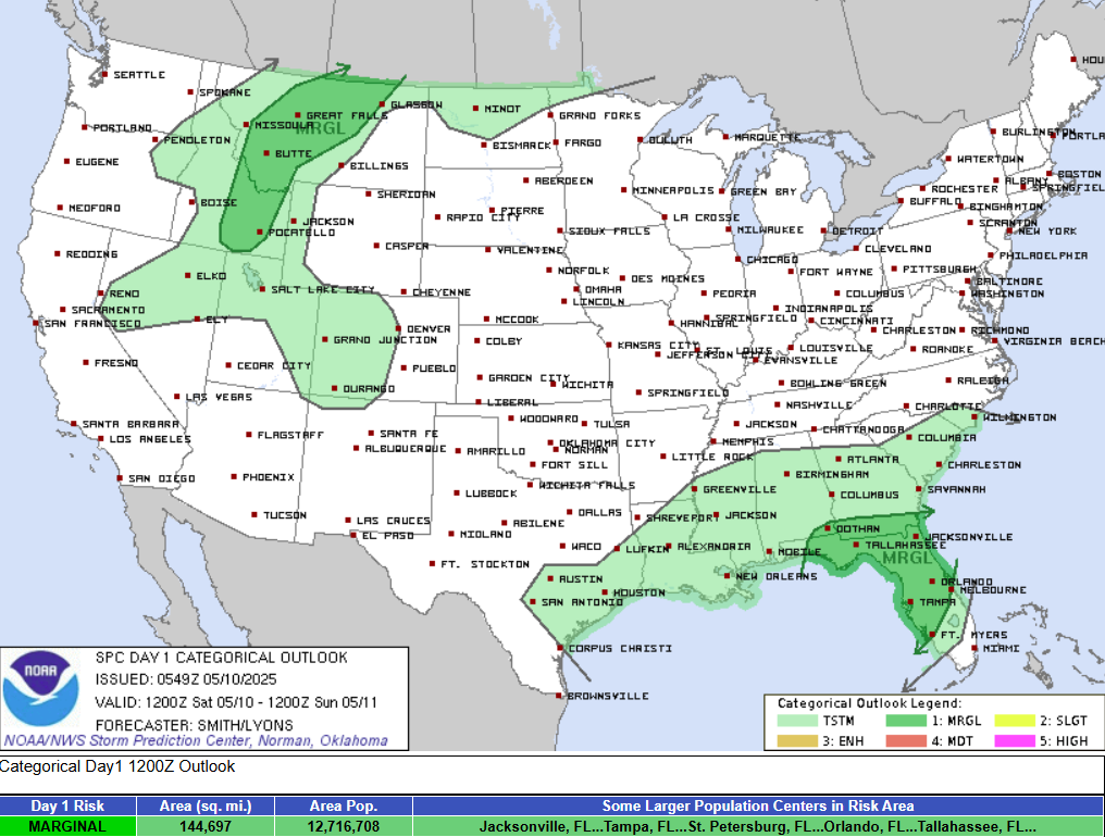 Categorical outlook for Saturday, May 10, 2025