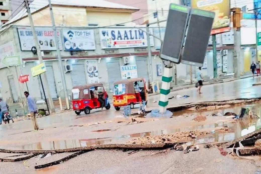 Damaged road after floods in Mogadishu on Friday, May 9, 2025