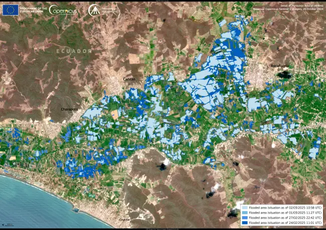 This satellite image illustrates the extent of flooding in Ecuador between 24 February and 2 March 2025. Image credit: European Union, Copernicus Emergency Management Service Data