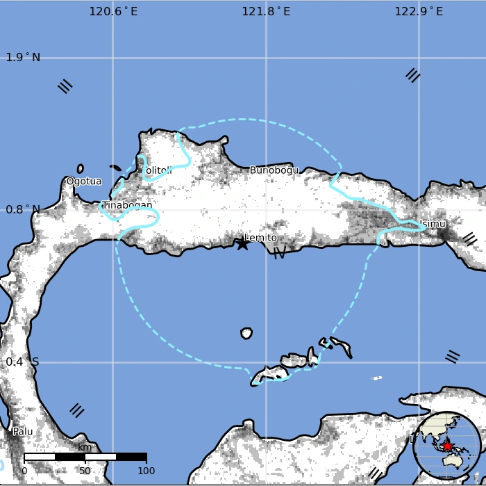 Estimated population exposure map for M6.0 on May 2, 2025