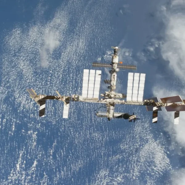 View of the zenith side of the International Space Station (ISS) taken from Atlantis after undocking on STS-135.