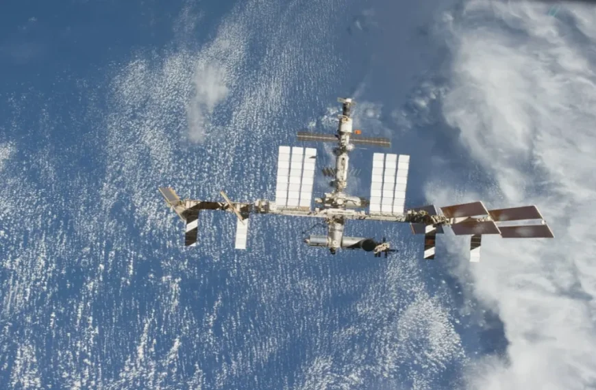 View of the zenith side of the International Space Station (ISS) taken from Atlantis after undocking on STS-135.
