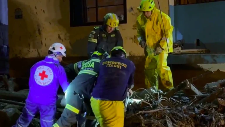 Local authorities clearing debris in Los Olivares village, Colombia on Monday, May 5, 2025 after intense flooding in the region