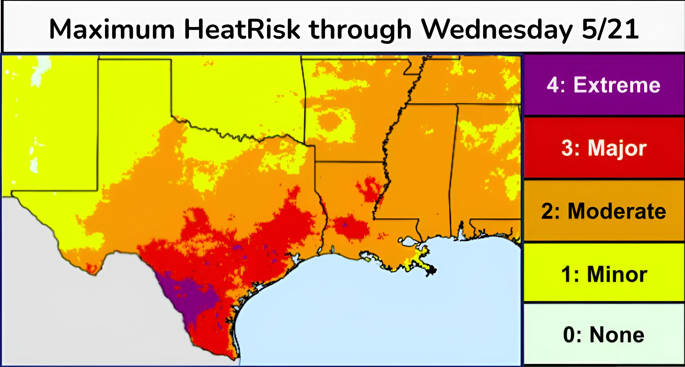 Maximum heat risk forecast through May 21, 2025