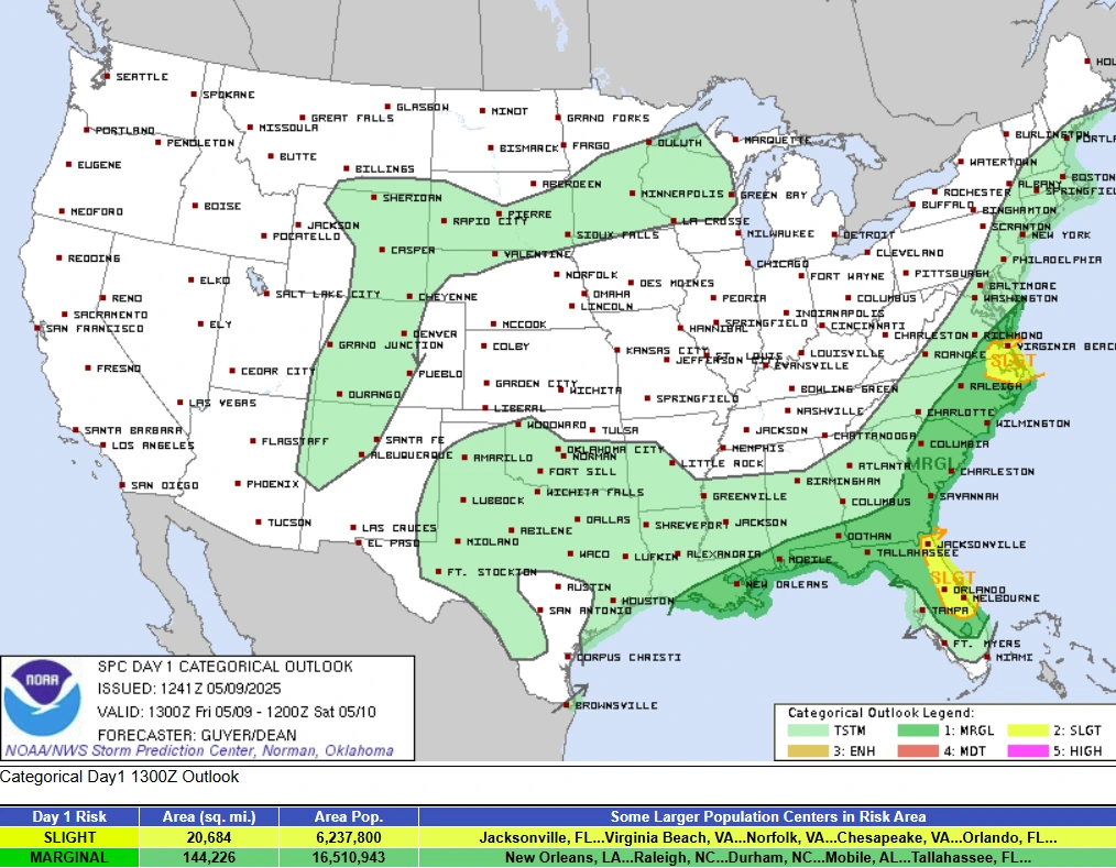 SPC categorical outlook for Friday, May 9, 2025
