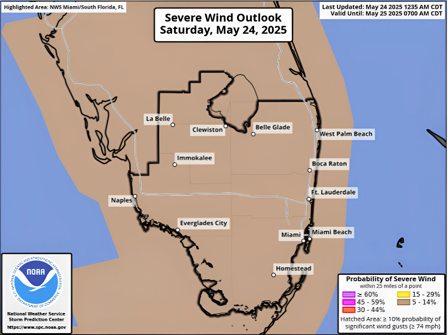 Severe wind outlook for southern Florida for Saturday, May 24, 2025