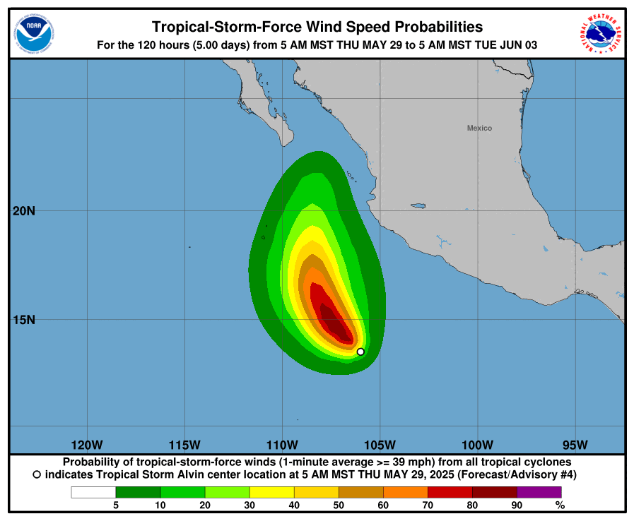 Tropical Storm Force winds graphic for Tropical Storm Alvin as of May 29, 2025