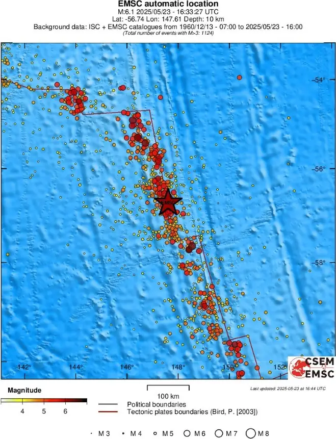 m6.1 earthquake west of macquarie island may 23 2025 emsc regional seismicity