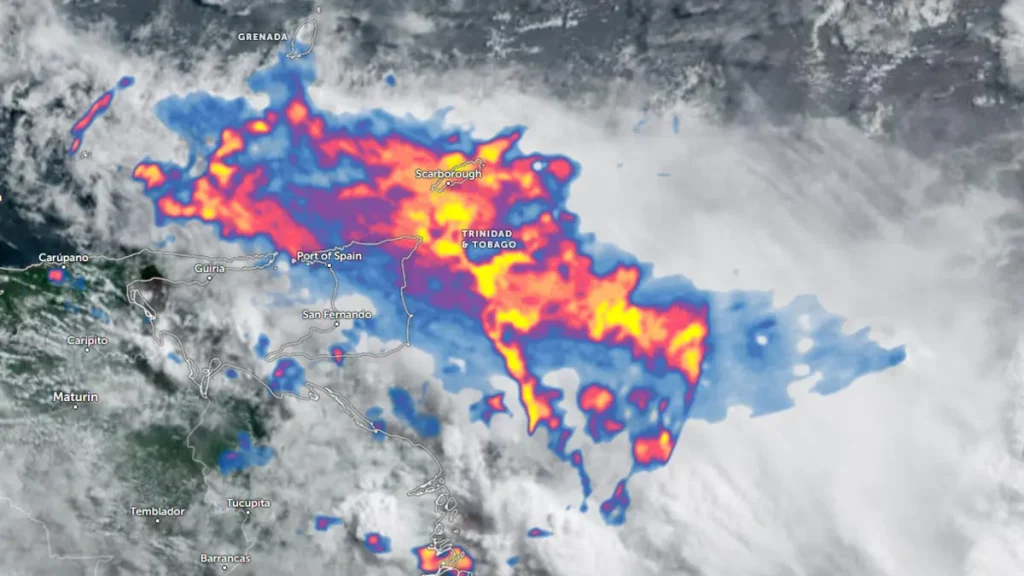 Satellite image of Trinidad & Tobago at 08:40 UTC on June 10, 2025. Zoom Earth, NOAA/NESDIS/STAR, GOES-East, RainViewer
