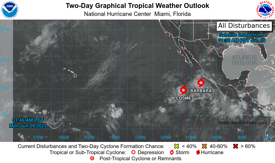 Two day graphical forecast for tropical storms Cosme and Barbara.