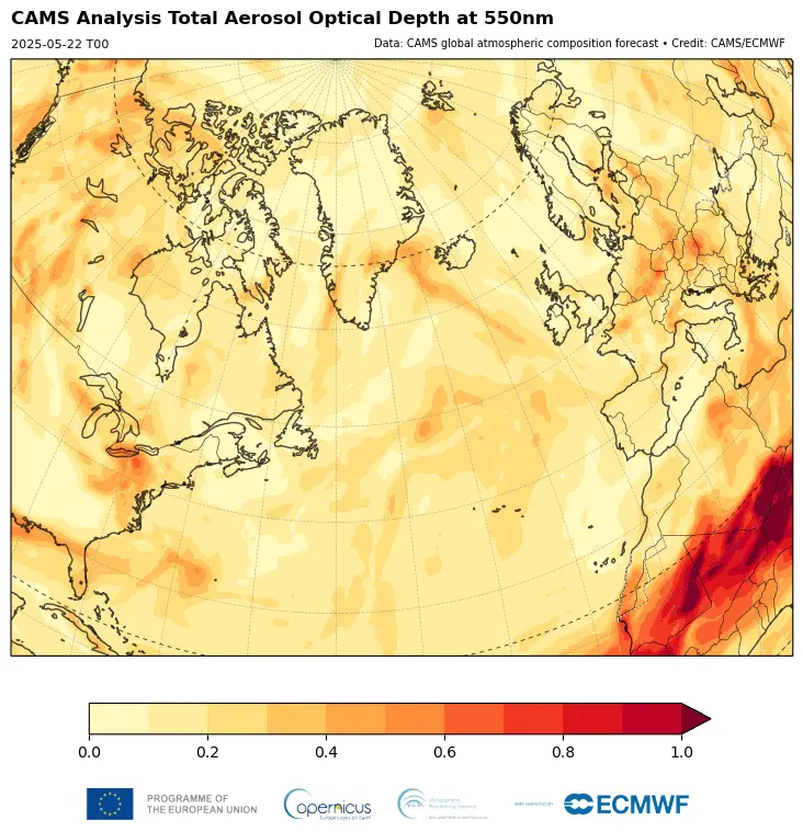 Animation of CAMS total aerosol optical depth analyses over eastern Eurasia valid for 00 UTC from 1 to 31 May. Credit: CAMS