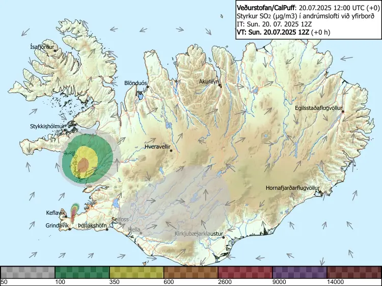 Gas pollution forecast, Iceland July 20, 2025