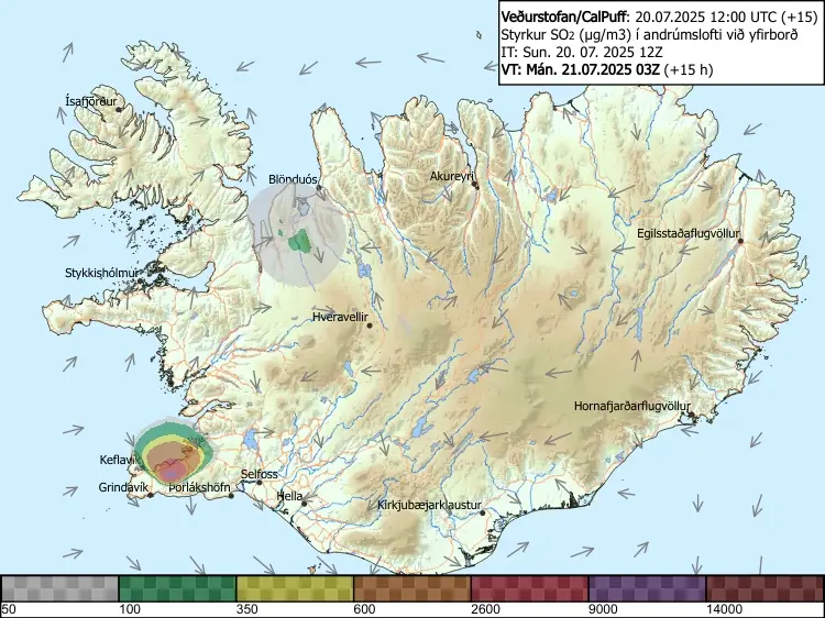Gas pollution forecast, Iceland July 21, 2025