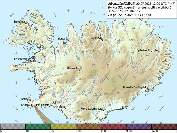 Gas pollution forecast, Iceland July 22, 2025