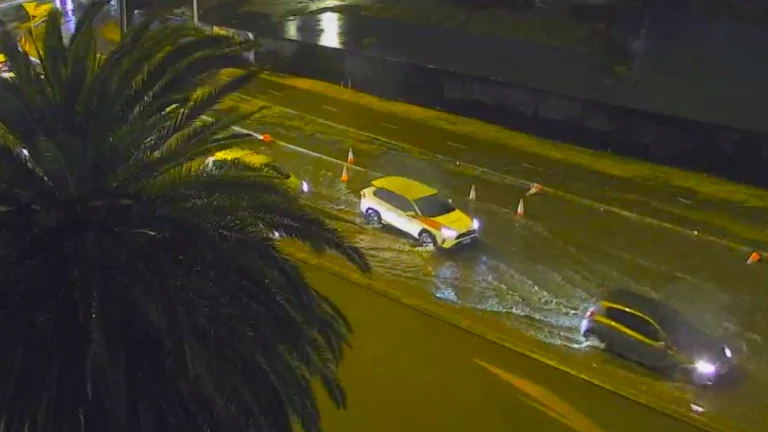 Flooding along the Causeway near Swan River on the night of July 23, 2025. Credit: Main Roads WA