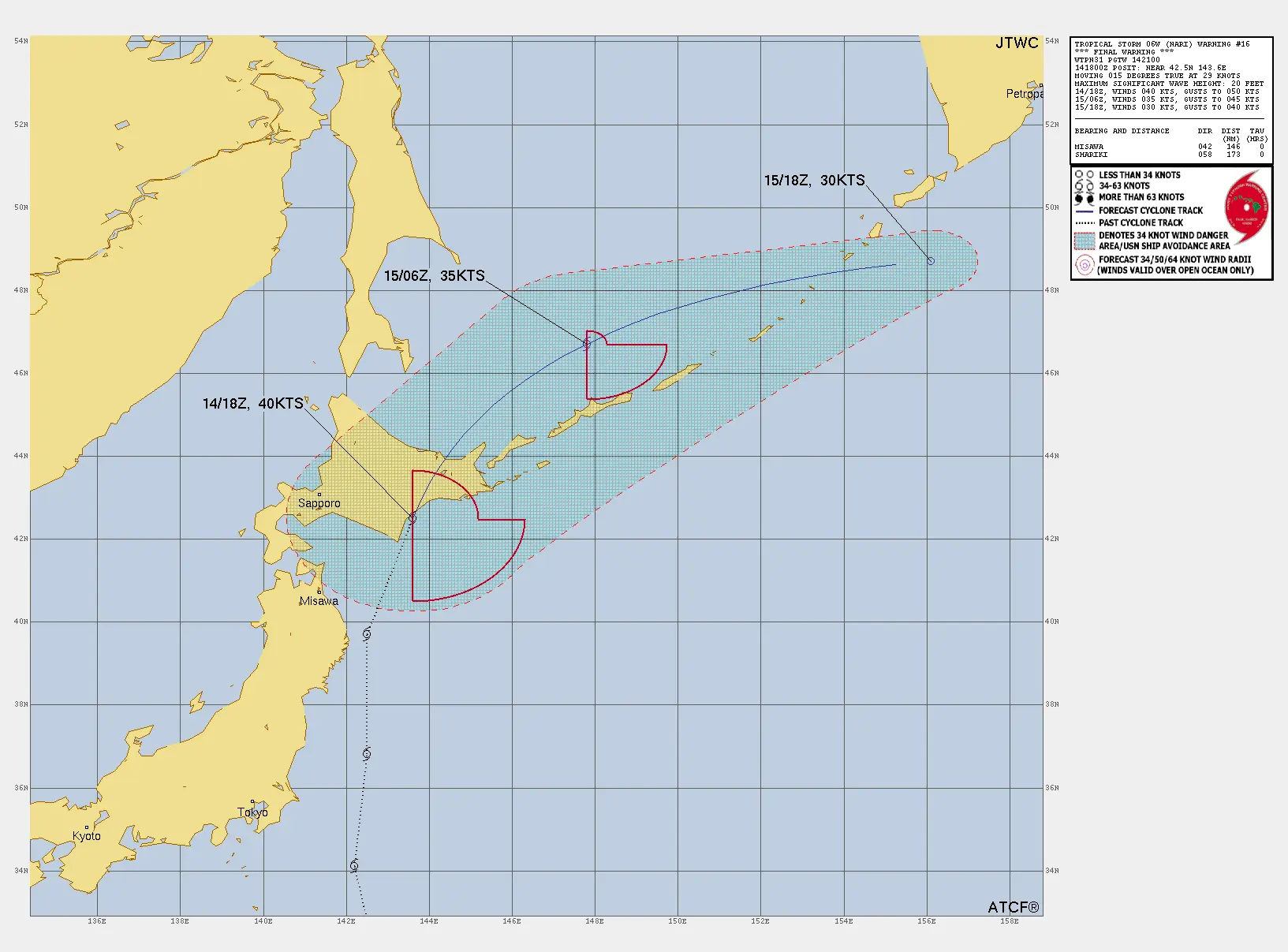 Forecast track for Typhoon Nari as of July 15, 2025. Credit: JTWC
