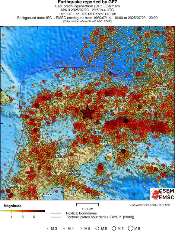 M6.3 earthquake sulawesi indonesia july 23 2025 emsc regional seismicity