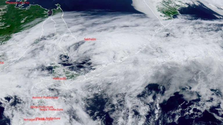 Satellite image of the remains of Typhoon Nari. Credit: Himawari-9, RAMMB/CIRA, The Watchers. Acquired at 03:40 UTC on July 15. 2025