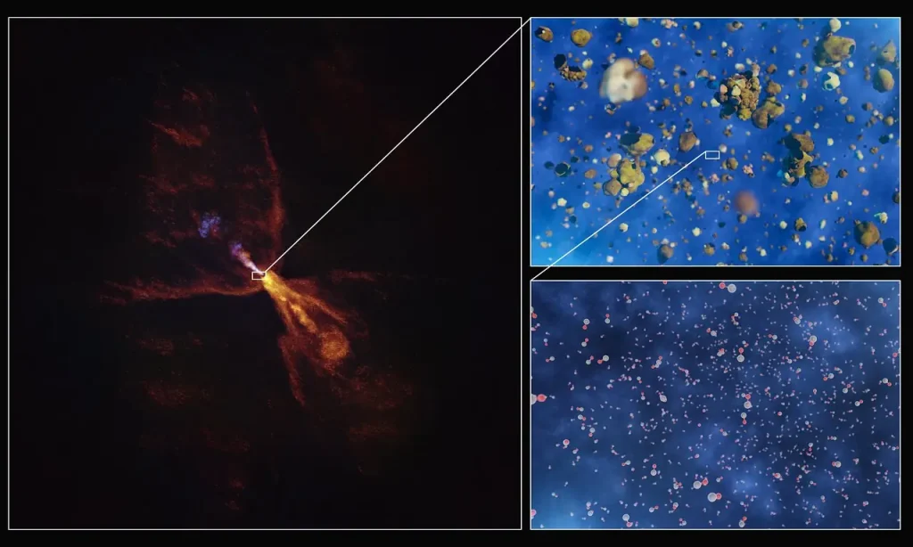 images illustrate how hot gas condenses into solid minerals around the baby star HOPS-315