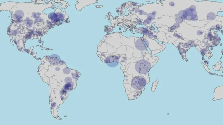 Reservoir locations in the Hawley et al. (2020) database. Location of 6,862 artificial reservoirs in the database adopted in this study. Symbol size is proportional to the logarithm of the reservoir capacity. Credit: True Polar Wander Driven by Artificial Water Impoundment: 1835–2011, N. Valencic, E. Speiser et al.