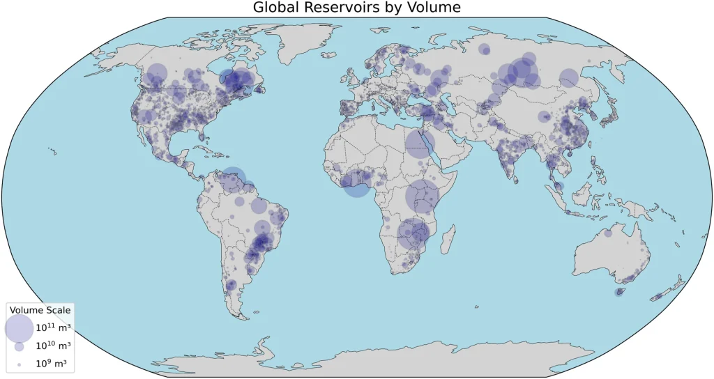 Reservoir locations in the Hawley et al. (2020) database. Location of 6,862 artificial reservoirs in the database adopted in this study. Symbol size is proportional to the logarithm of the reservoir capacity. Credit: True Polar Wander Driven by Artificial Water Impoundment: 1835–2011, N. Valencic, E. Speiser et al.