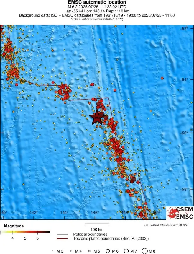 m6.2 earthquake macquarie island july 25 2025 emsc regional seismicity