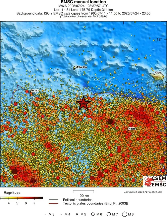 m6.6 earthquake Samoa Islands region july 24 2025 emsc regional seismicity
