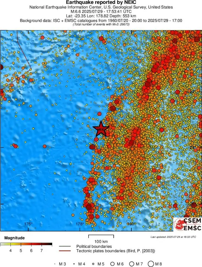 m6.6 earthquake south of fiji islands july 29 2025 emsc regional seismicity