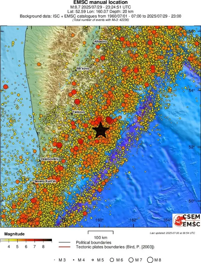 m8.8 earthquake kamchatka russia july 29 2025 emsc regional seismicity