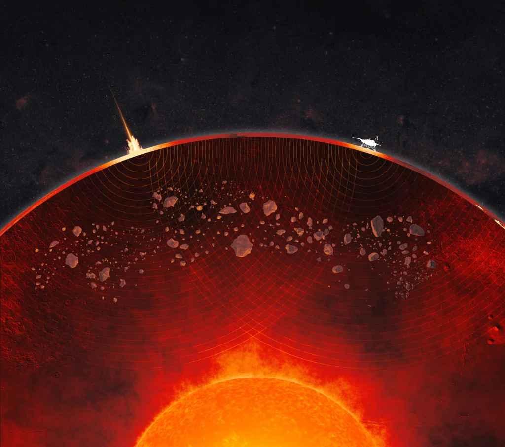 A cutaway view of Mars in this artist’s concept (not to scale) reveals debris from ancient impacts scattered through the planet’s mantle. On the surface at left, a meteoroid impact sends seismic signals through the interior; at right is NASA’s InSight lander. NASA/JPL-Caltech