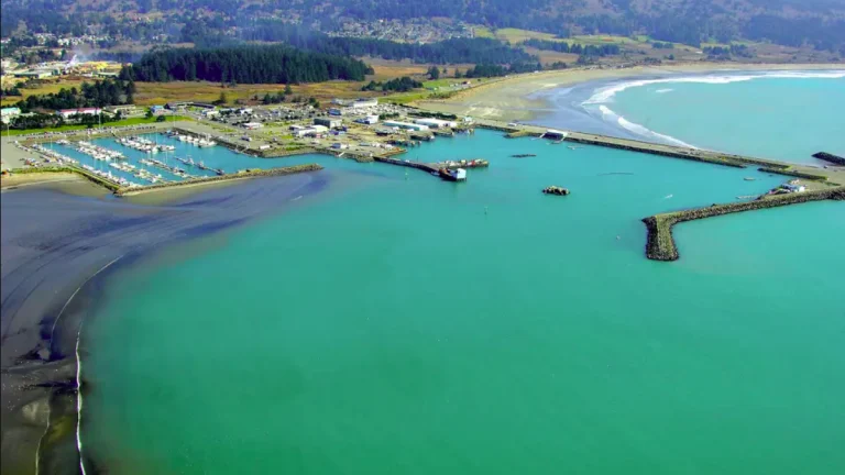 A bird's-eye view from offshore captures the mouth of Crescent City harbor, where the grid of docks has been damaged by the recent tsunami.  Credit: Crescent City Harbor District