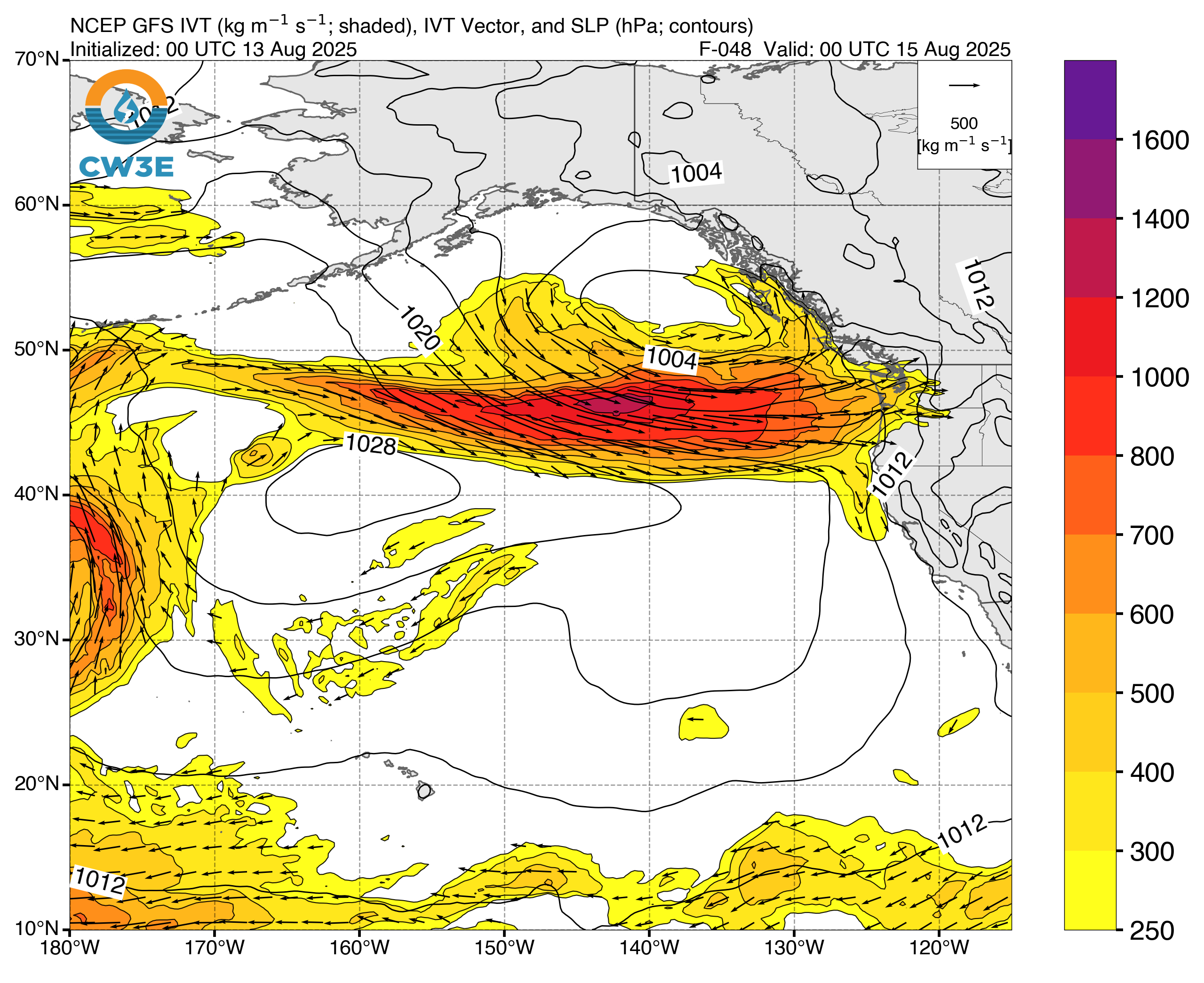 GFS IVT graphic for atmospheric river forecast over British Columbia Canada between August 14 and 17, 2025