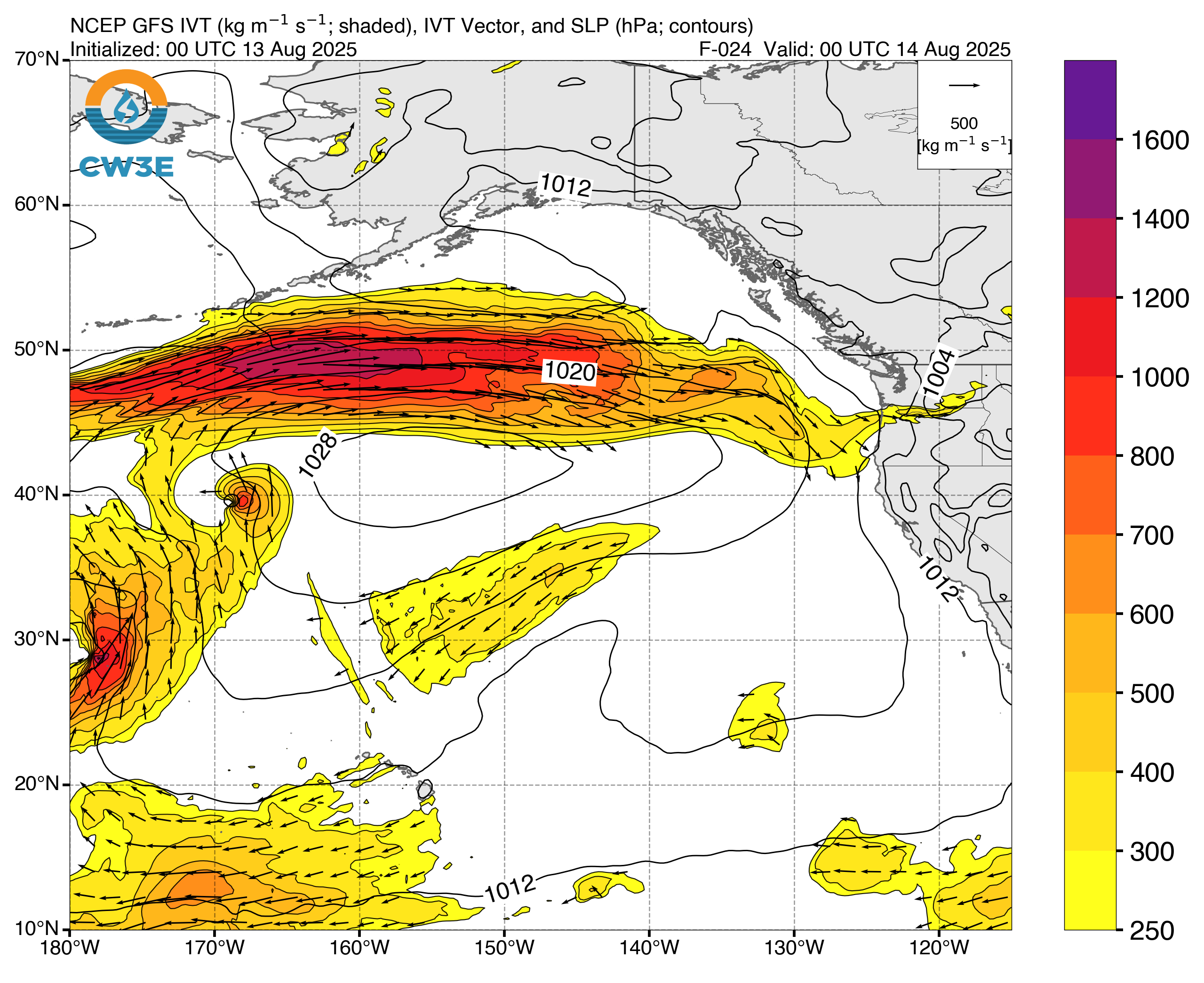 GFS IVT graphic for atmospheric river forecast over British Columbia Canada between August 14 and 17, 2025