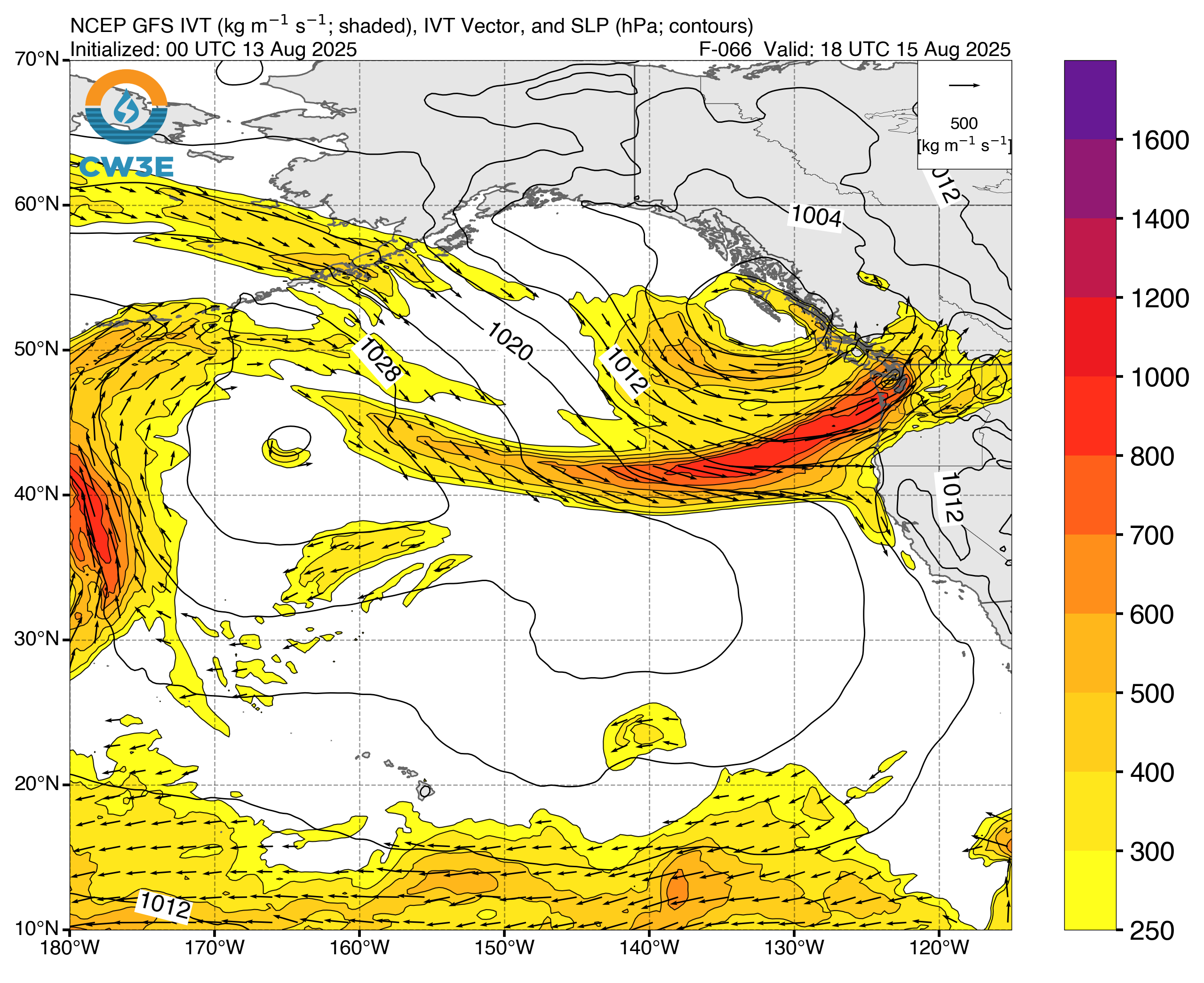 GFS IVT graphic for atmospheric river forecast over British Columbia Canada between August 14 and 17, 2025