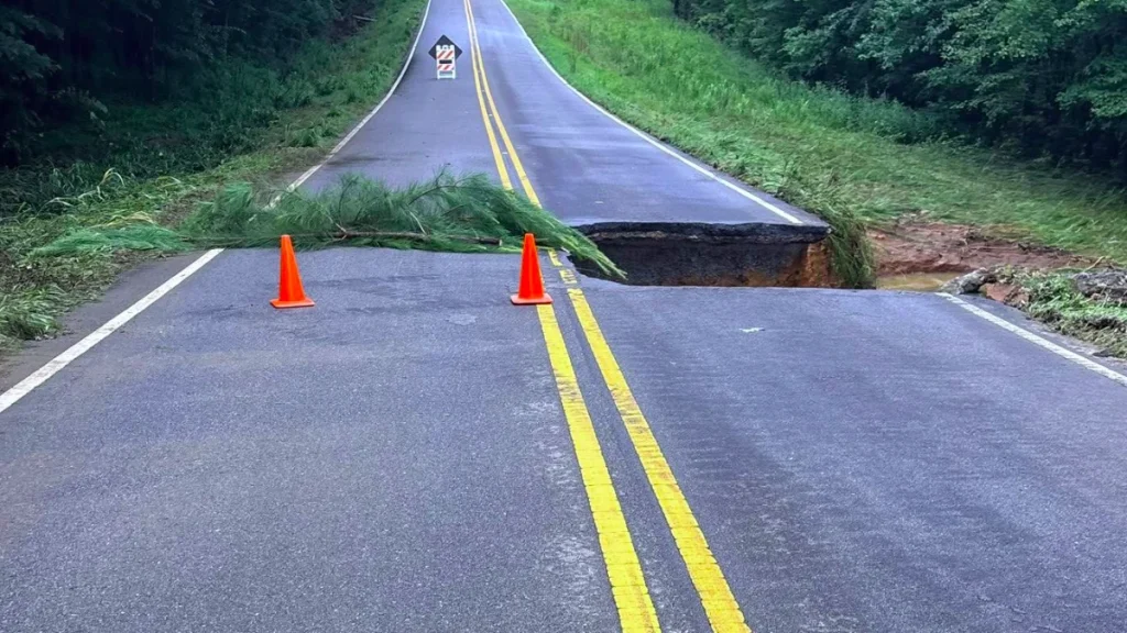 Flood damages road in Cleburne County on August 4, 2025. Credit Cleburne County EMA