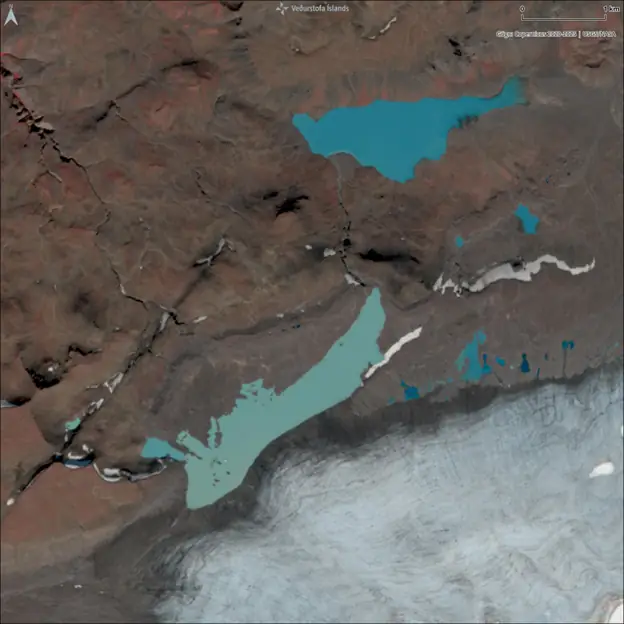 Satellite image from August 20 showing Hafrafellslón at the edge of the glacier