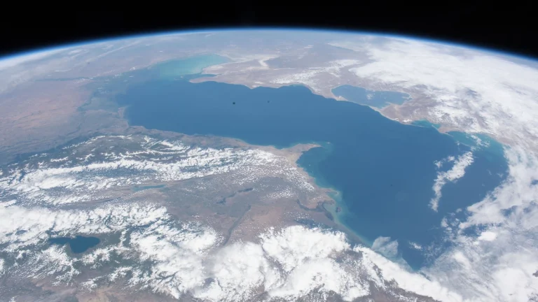 The Caspian Sea taken from the International Space Station, seen from the southwest
