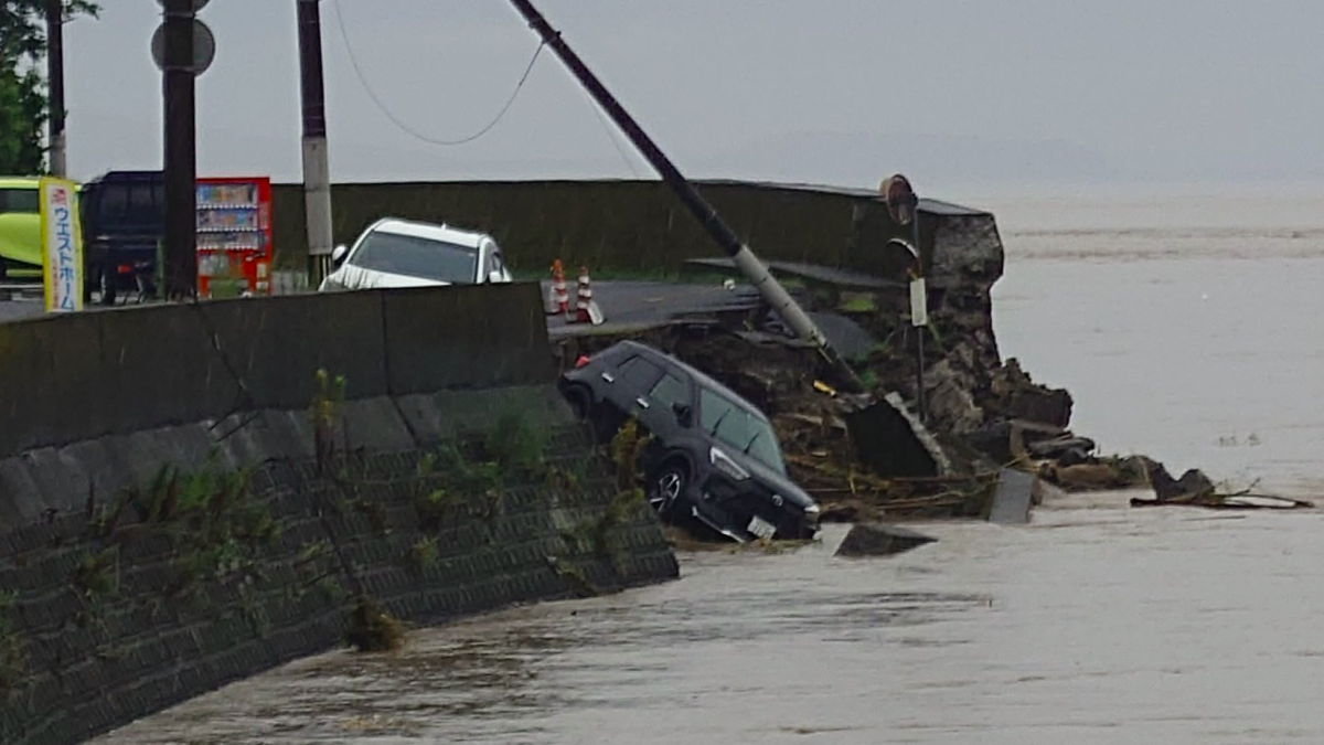 Road collapse due to heavy rain and flooding across Kagoshima, Japan on August 8, 2025. Credit: Yamafuji Constructions