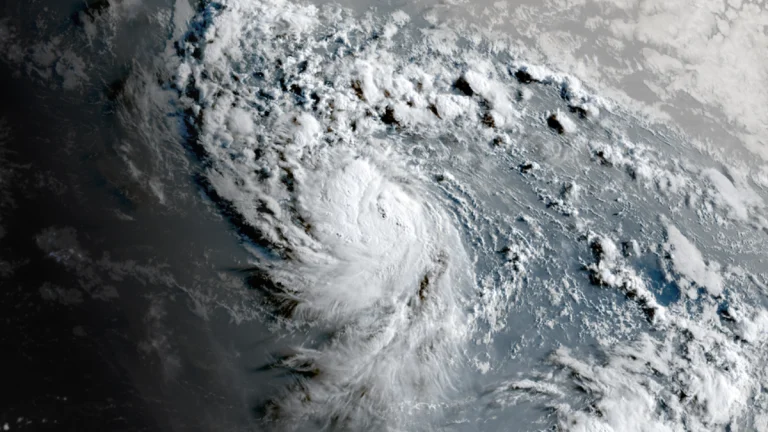 Satellite image of Tropical Storm Erin as of 0950 UTC on August 14, 2025. Credit: Goes-19, RAMMB/CIRA, The Watchers